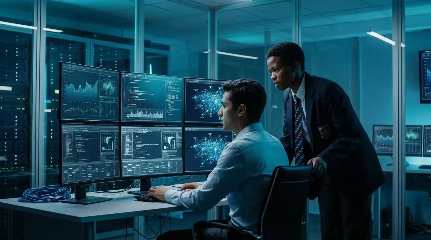 Data scientists working with holographic data visuals