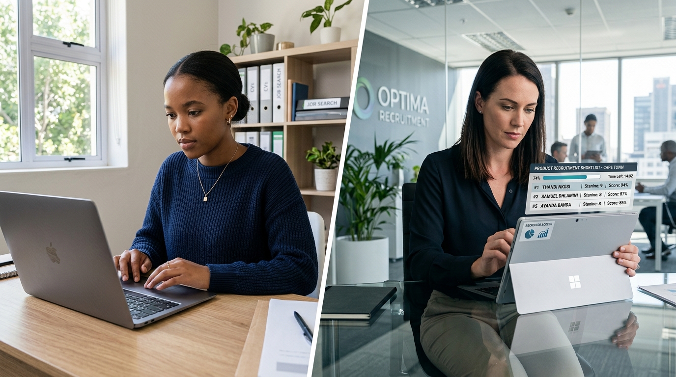 How it works - Candidate taking proctored cognitive assessment and Recruiter reviewing ranked shortlist